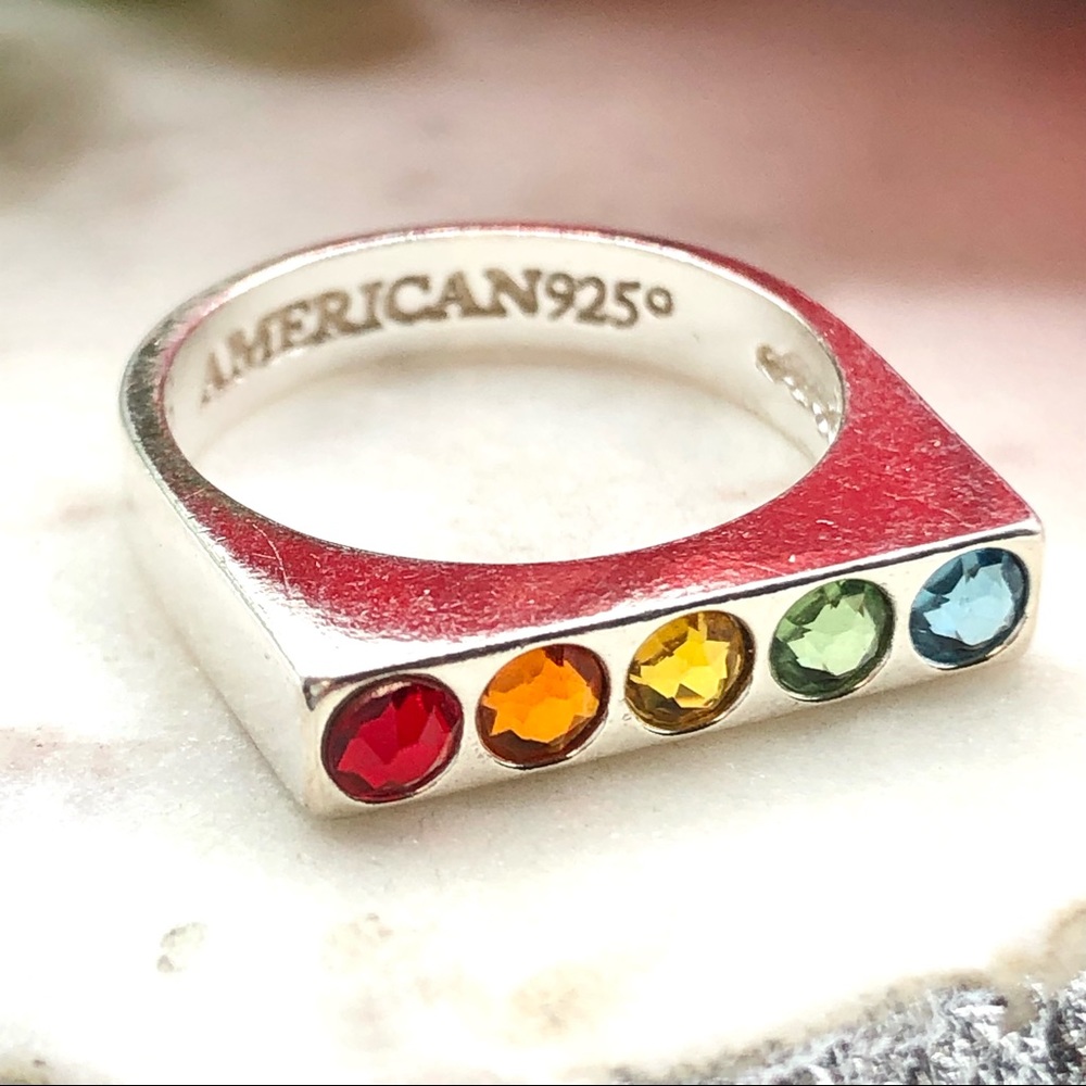 Alex And Ani Sterling Silver Rainbow Crystal Signet Bar Flat Top Rhinestone Ring - Picture 8 of 17